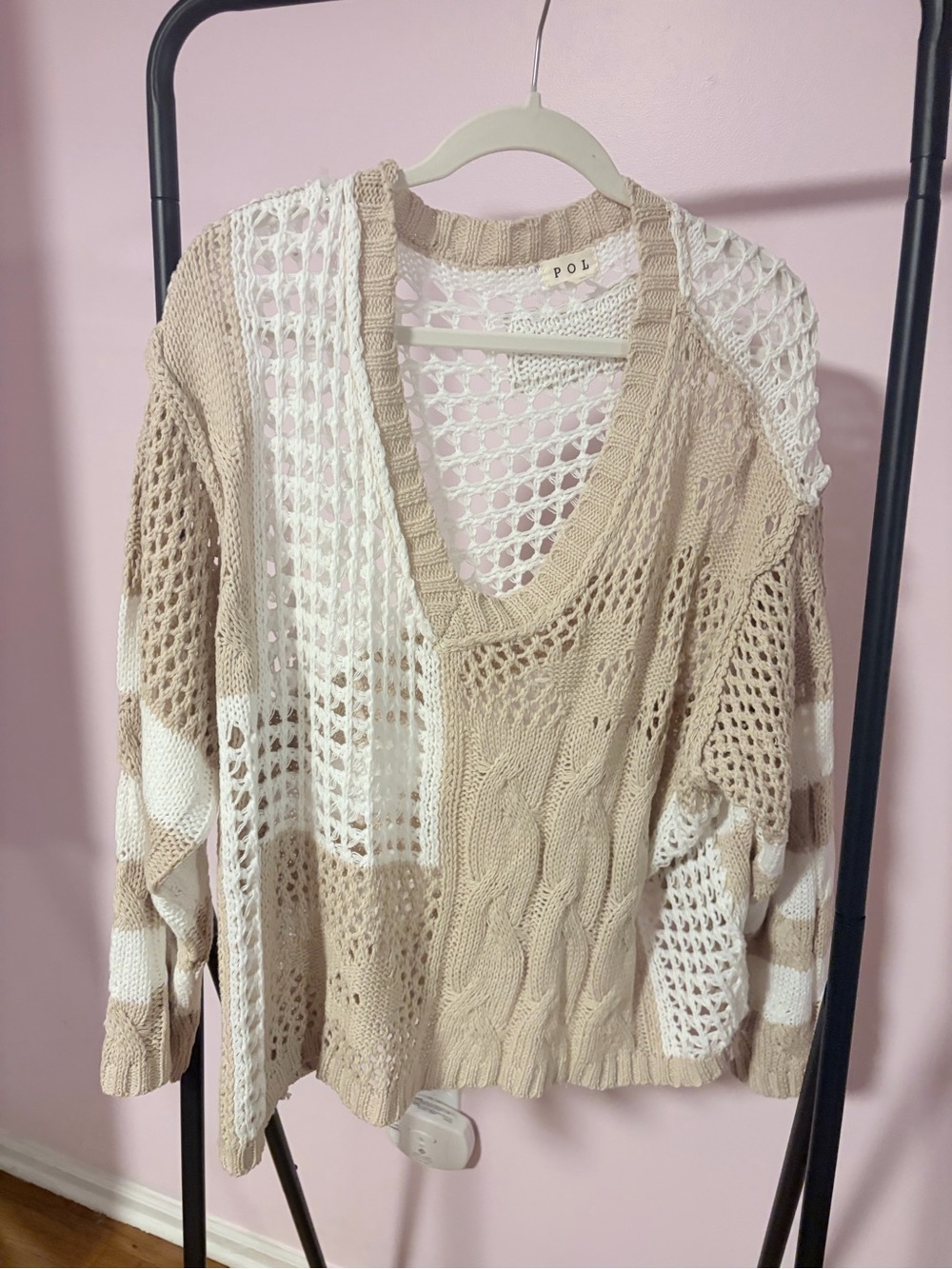 POL Beige and White Open-Weave V-Neck Sweater